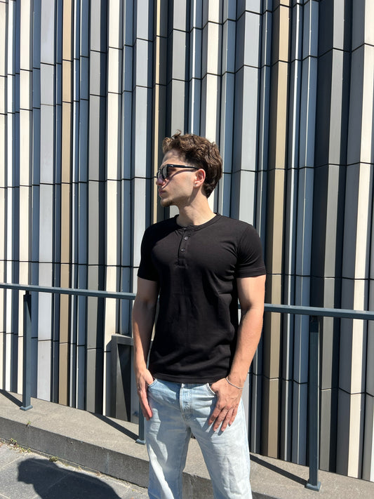 Restina Henley Yaka Tişört Siyah | Modal Kumaş Likralı Erkek Tişört