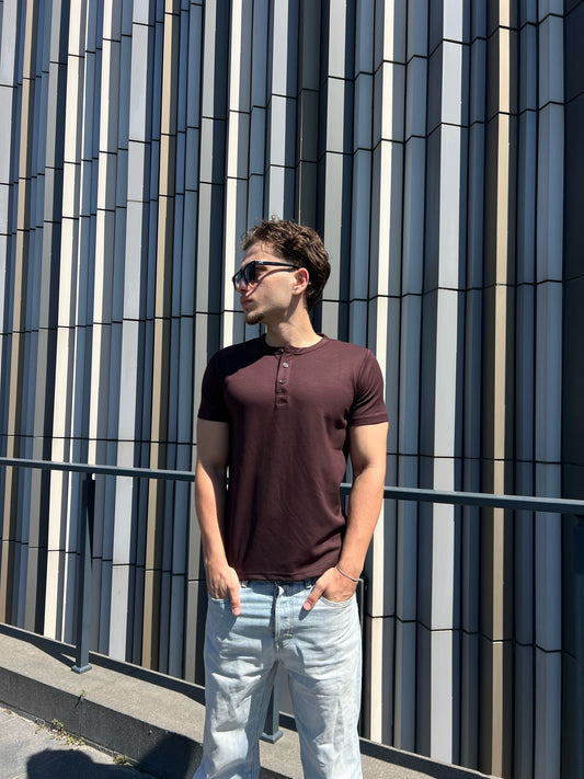 Restina Henley Yaka Tişört Kahverengi | Modal Kumaş Likralı Erkek Tişört